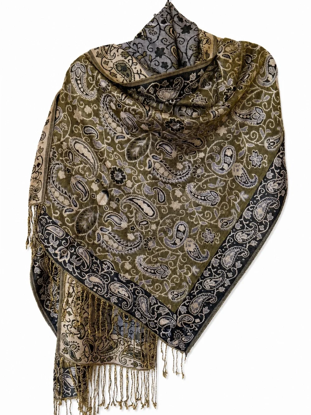 Pashmina & Silk Paisley Fringe Shawl Scarf or Wrap. Reversible.